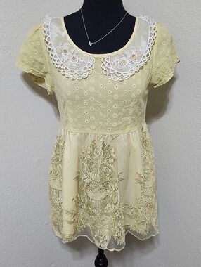 Vintage Liz Lisa/BGV Pastel Yellow Eyelet Babydoll Blouse Mini Dress Lace Sailor